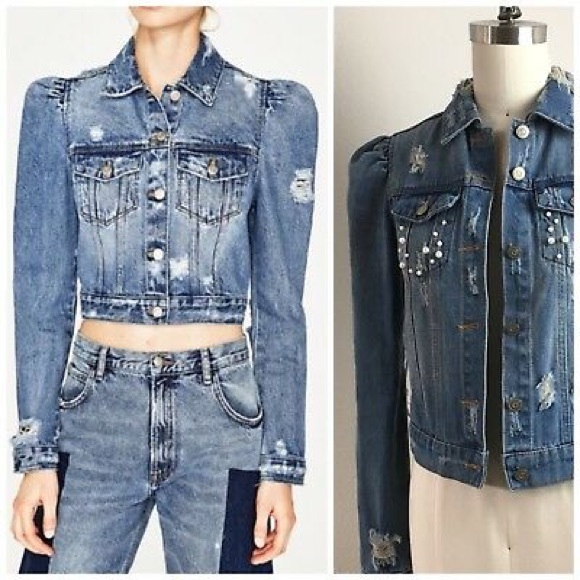 Distressed Pearl Puff Sleeve Denim 